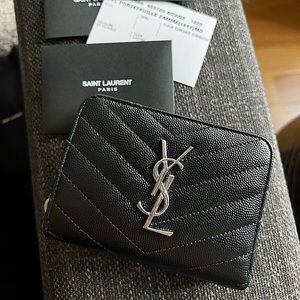 Black YSL Compact Zip Around Wallet in Grain De Poudre Embossed Leather